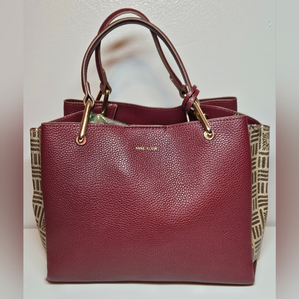 Anne Klein Double Handle/Crossbody Pebbled PVC Bag,  Maroon/Tan